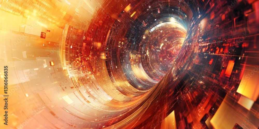 Poster dynamic abstract energy flow in vibrant orange and red tones with intricate textures and patterns