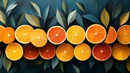 A vivid and creative fruit pattern featuring overlapping orange slices in a lively abstract artwork