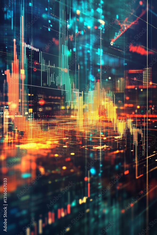 Poster vibrant abstract digital data visualization with glowing graphs and neon lines in futuristic environ