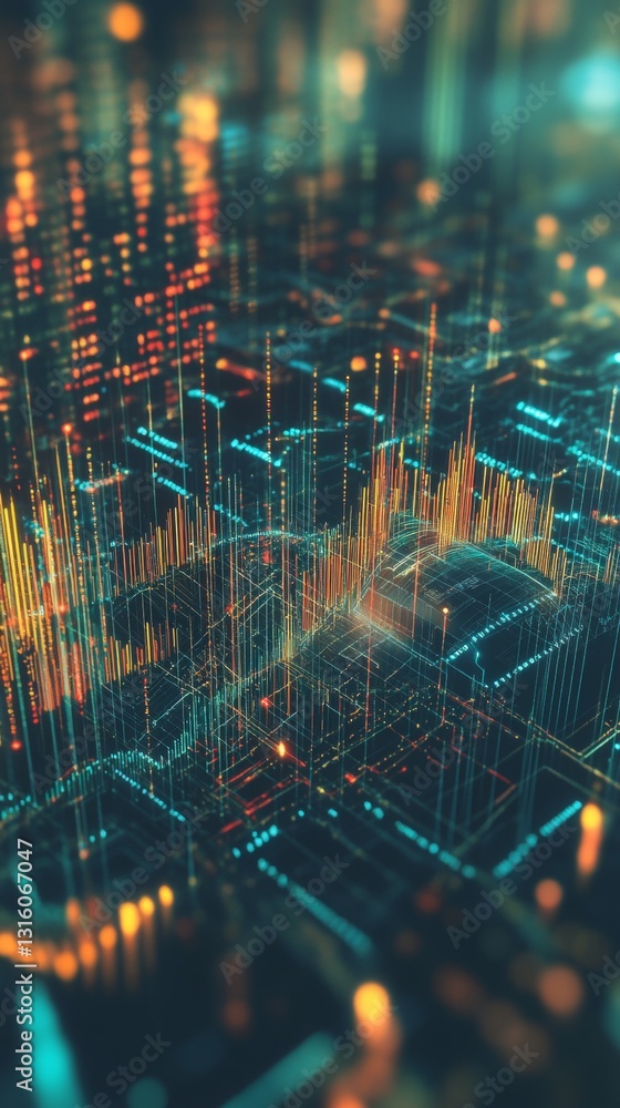 Poster abstract data visualization with colorful glowing lines and geometric patterns representing technolo