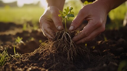 Fototapeta premium Close-up of hands gently holding a young sapling with roots, Hands gently planting a tree in the soil, symbolizing growth and care