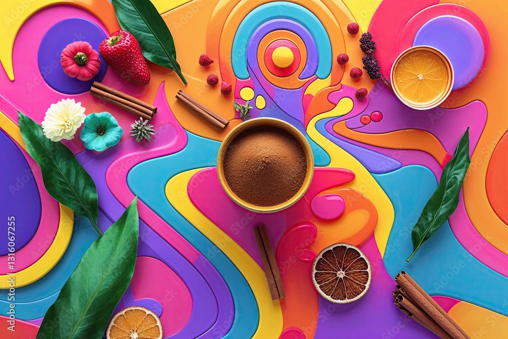 Poster vibrant artsy graphic design featuring cinnamon color scheme in colorful retro vector banner layout