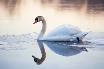 Fototapeta premium The quiet elegance of a swan gliding across a partially frozen lake.
