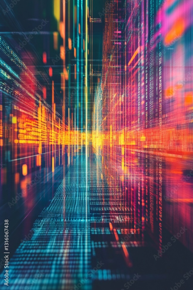 Poster abstract digital visualization with vibrant colors and dynamic lines in a futuristic setting
