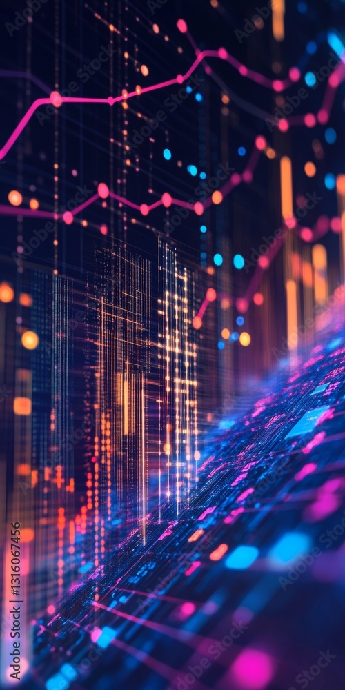 Poster dynamic digital data visualization with colorful light trails and abstract graph elements