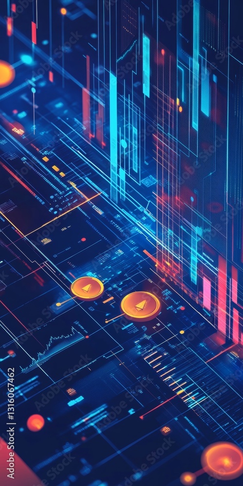 Poster abstract technology background with colorful digital patterns and geometric shapes in futuristic sty