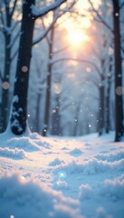 Snowflakes gently falling on a serene winter landscape, trees, soft light