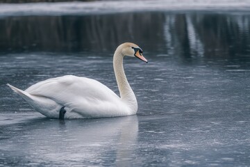 Fototapeta premium The quiet elegance of a swan gliding across a partially frozen lake.