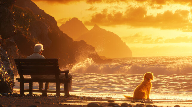 Golden Sunset Bond: A Man and His Dog Watching the Waves