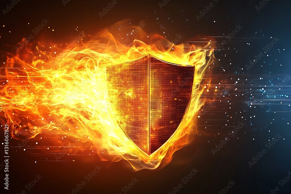 Poster this striking image features a dynamic shield engulfed in flames and sparks, symbolizing security an
