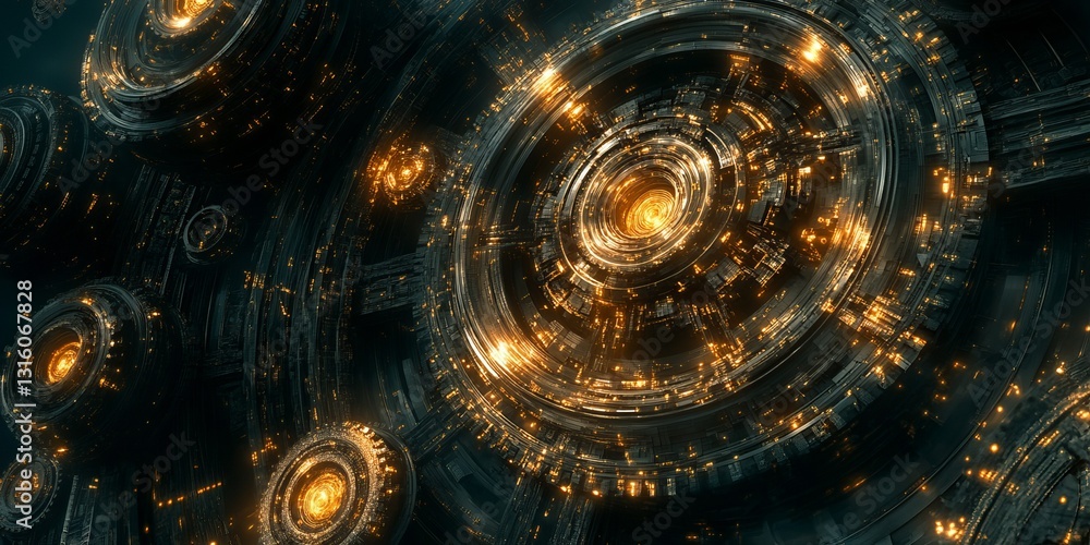 Poster futuristic abstract technology design with glowing circular patterns and digital dynamics