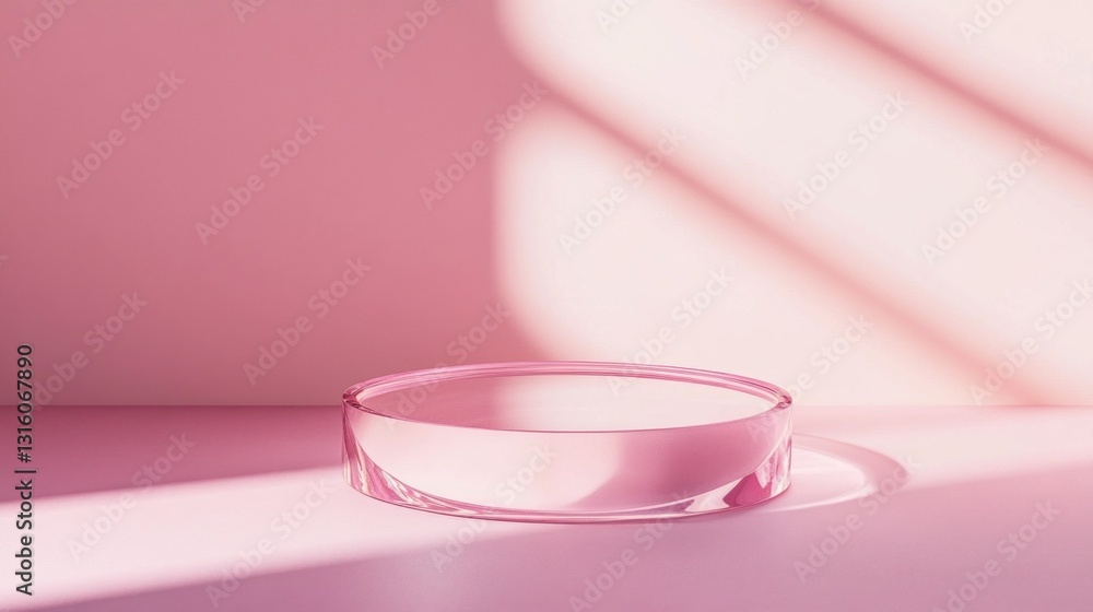 Aufkleber a smooth, oval glass platform rests quietly on a plain surface, bathed in soft pink light streaming 