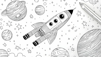 Detailed Black And White Rocket Drawing Among Planets And Stars With A Pen On White Paper Background For Space Exploration Concept In Minimalist