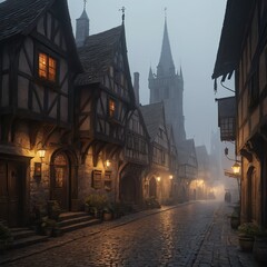 Fototapeta premium Misty Medieval Street at Dusk