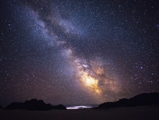 Fototapeta premium Majestic Milky Way Galaxy Shines Above the Dark Beach Coastline in a Breathtaking Nightscape Astronomy View