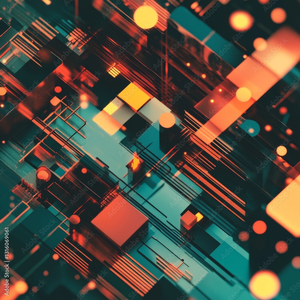 Poster abstract digital geometric composition with vibrant colors and intricate patterns