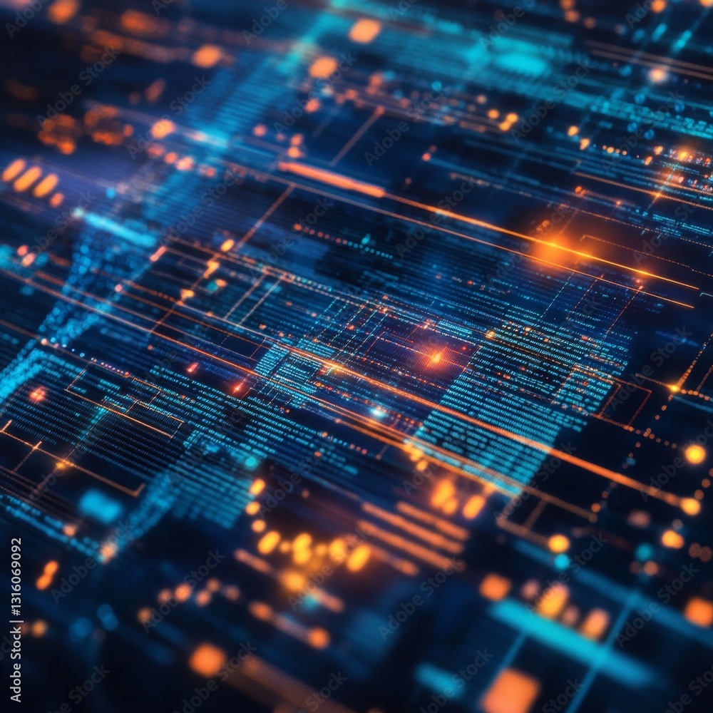 Poster abstract digital data flow with bright blue and orange light patterns in technology background
