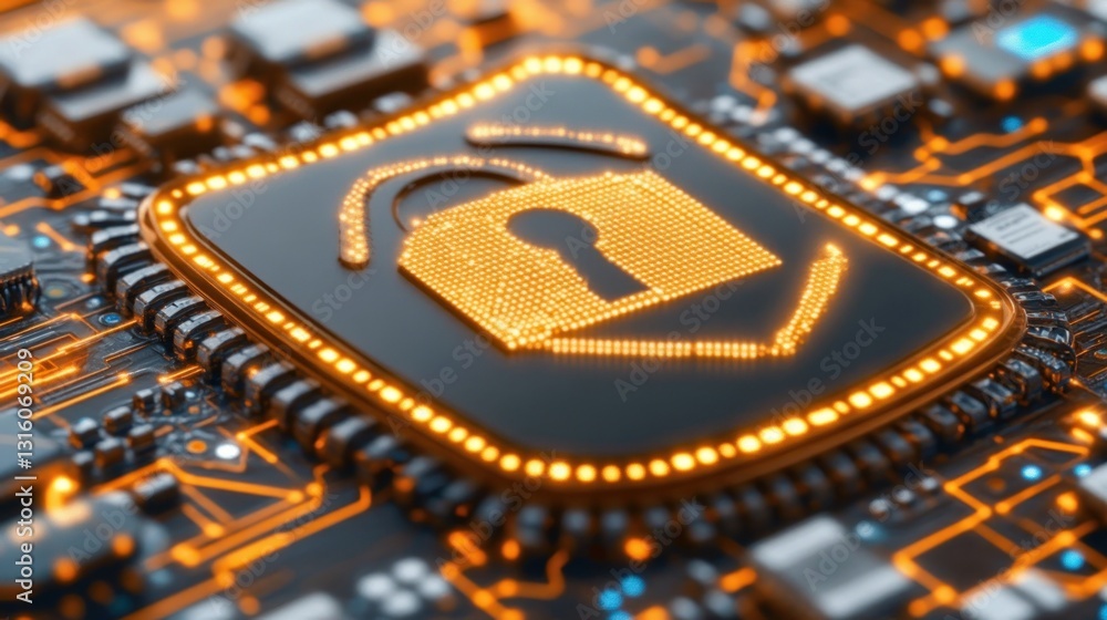 Poster secure digital chip with glowing padlock icon on circuit board.