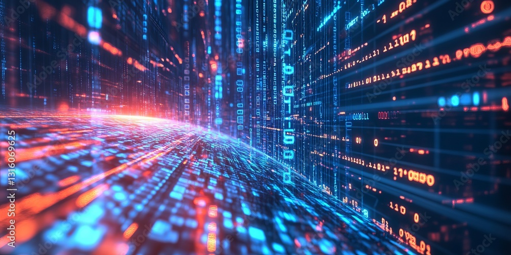 Poster this vibrant image illustrates a futuristic digital landscape filled with glowing binary code flowin