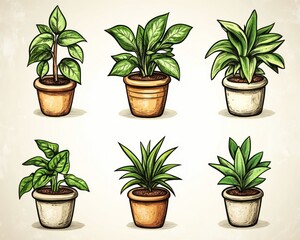 Six potted houseplants, illustration, home decor, interior design