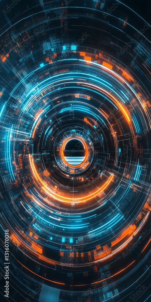 Poster futuristic digital vortex: blue and orange circuits in a high-tech abstract design