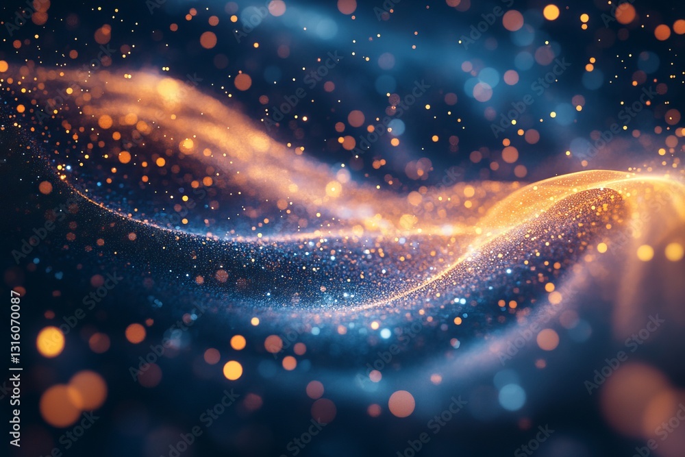 Poster an enchanting abstract image showcasing bright wave forms with glowing particles and a mesmerizing b