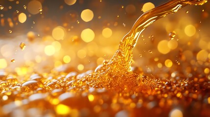 Sunflower oil droplets suspended in midair with rich golden hue