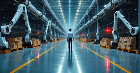 Obraz premium Lonely human in massive ai controlled warehouse endless robotic arms assembling products single red warning light flickering in distance