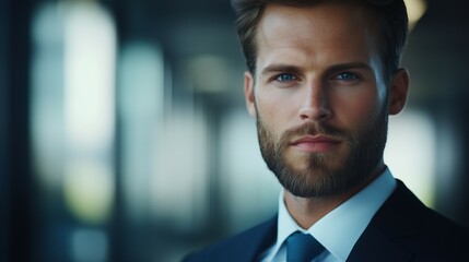Fototapeta premium Young businessman exuding confidence in formal attire, embodying professionalism and determination. 