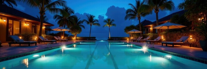 Fototapeta premium Softly glowing pool lights illuminate the night sky with an ethereal glow, Sparkling Fountains, Peaceful Retreat, Tropical Landscape