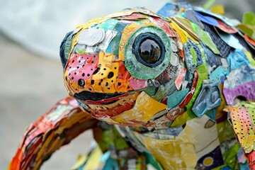 Fototapeta premium A vibrant turtle sculpture crafted from recycled materials showcases creativity and environmental awareness. This close-up reveals colorful textures and details.