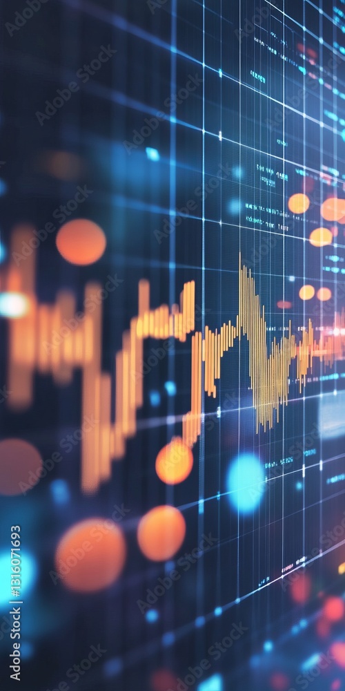 Poster vibrant data visualization featuring a dynamic graph with glowing lines and dots. ideal for topics r