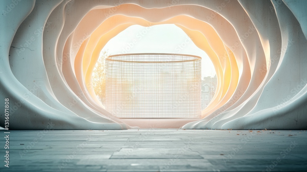 Poster futuristic architectural design empty cage in abstract concrete structure
