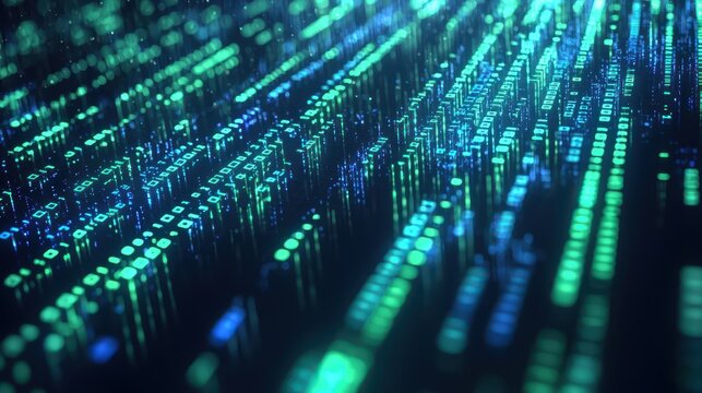 A vibrant digital landscape with green and blue data streams, representing technology and data processing in a visually captivating manner.