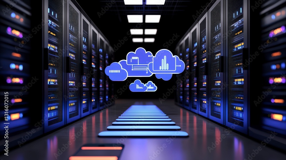 Poster futuristic data center cloud computing server room digital technology network infrastr