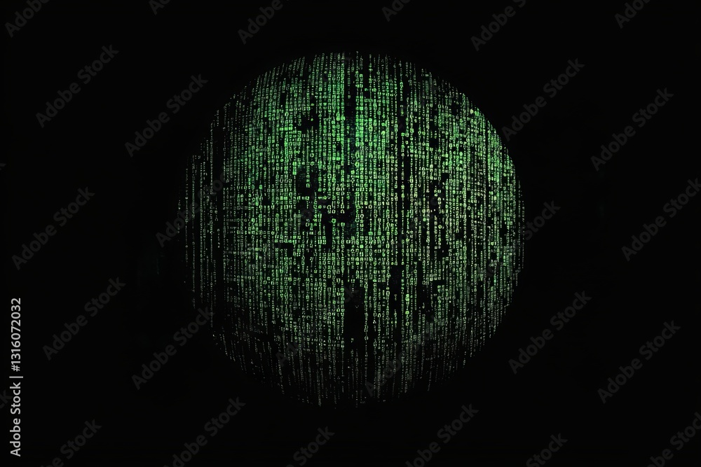 Aufkleber a captivating green digital sphere composed of matrix code against a dark backdrop. this image symbo