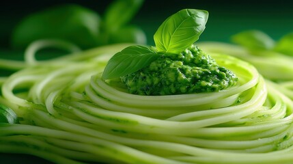Vibrant zucchini noodles topped with fresh pesto and basil leaf a culinary delight showcasing healthy eating and flavorful presentation in a green background