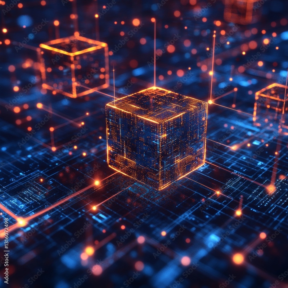 Poster abstract digital grid visualization of blockchain technology cubes with glowing lights
