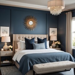 Luxurious Modern Bedroom Interior with Navy Walls and Beige Upholstery