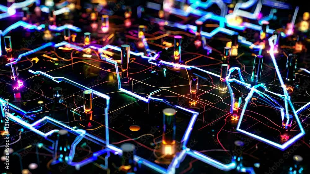 Poster futuristic circuit board with glowing elements, captured from a high-angle. the video style is vibra