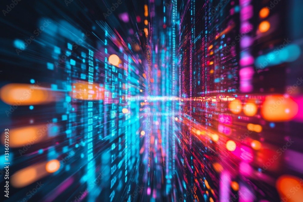 Poster explore a dynamic and vibrant futuristic data stream highlighting glowing lights and abstract patter
