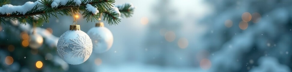 White Christmas ornament hanging from a branch, snowflake, winter, twinkle
