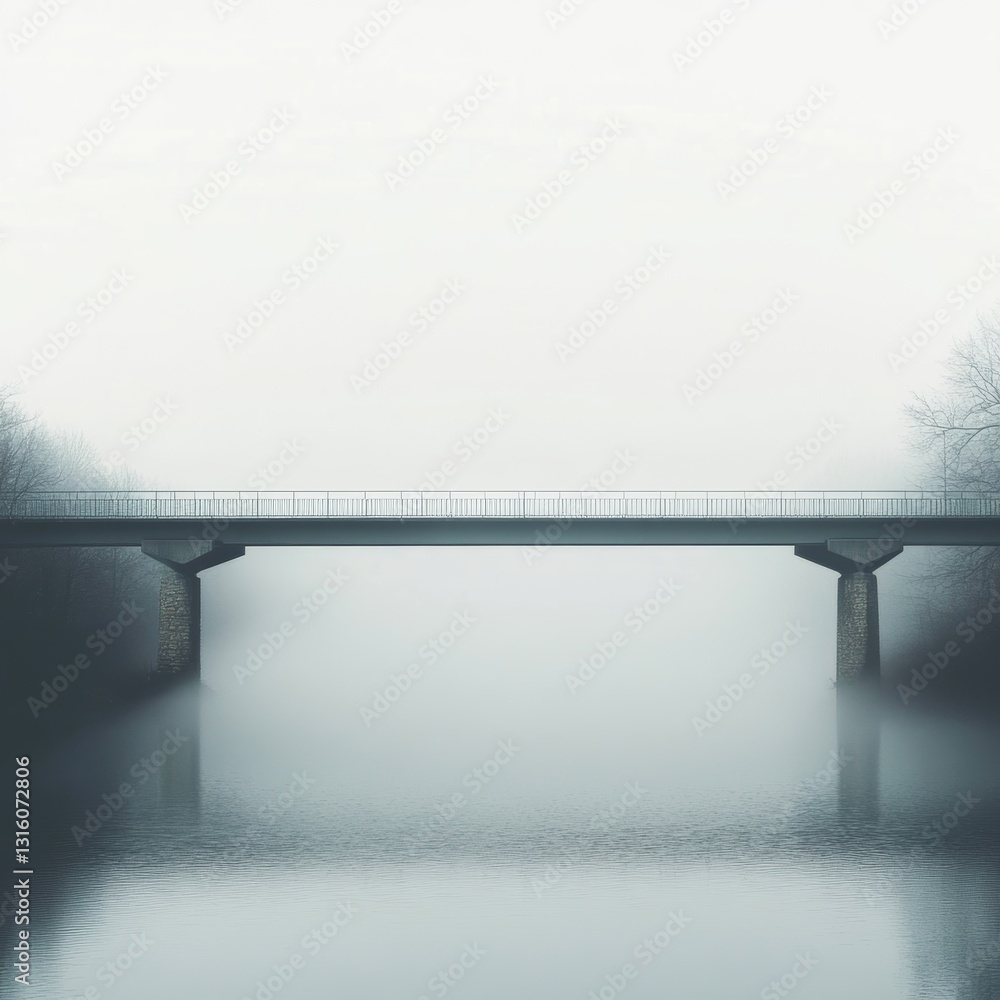 Poster bridge over a river with fog in the background. the bridge is empty and the water is calm