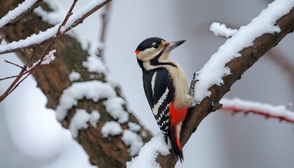 Fototapeta premium Great Spotted Woodpecker on Snow-Covered Branch in Winter