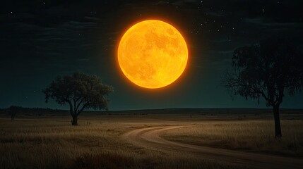 Vibrant Full Moon Illuminating a Serene Rural Landscape with Silhouetted Trees and a Winding Path at Night