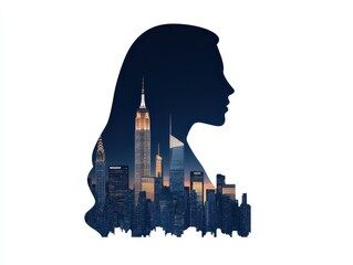 Silhouette of a woman with a New York City skyline at sunset in the background