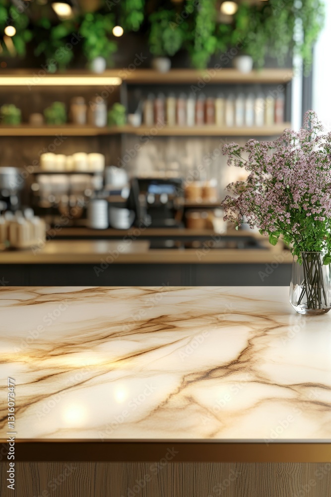 Poster elegant marble countertop in a cozy cafe with blurred background of shelves and flowers creating a s
