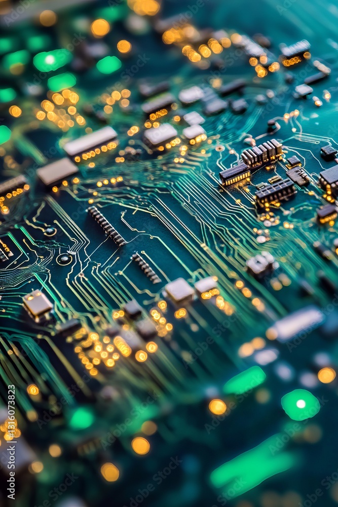Poster this close-up image showcases a vibrant circuit board with intricate patterns and glowing lights. it