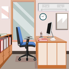 Modern office desk, chair, computer, aircon, files