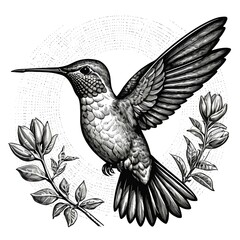 Obraz premium Hummingbird in Flight with Magnolias, Monochrome Illustration